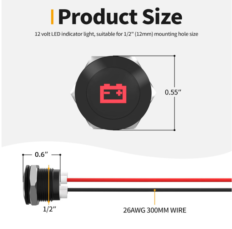 12V LED Indicator Light Small Indicator Light Waterproof 1/2" Panel Cutout 12