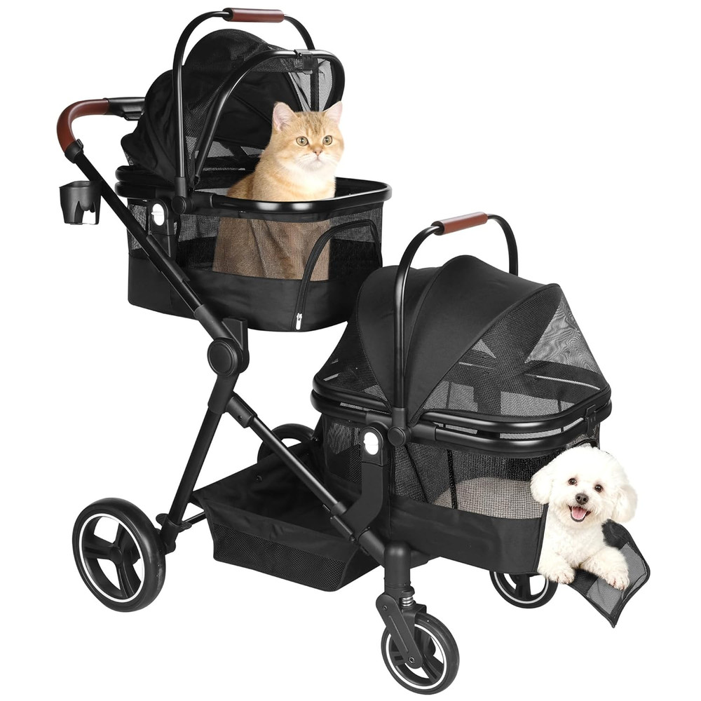 Foldable Double Pet Stroller for 2 Small Medium Cats Dogs, Lightweight Single an