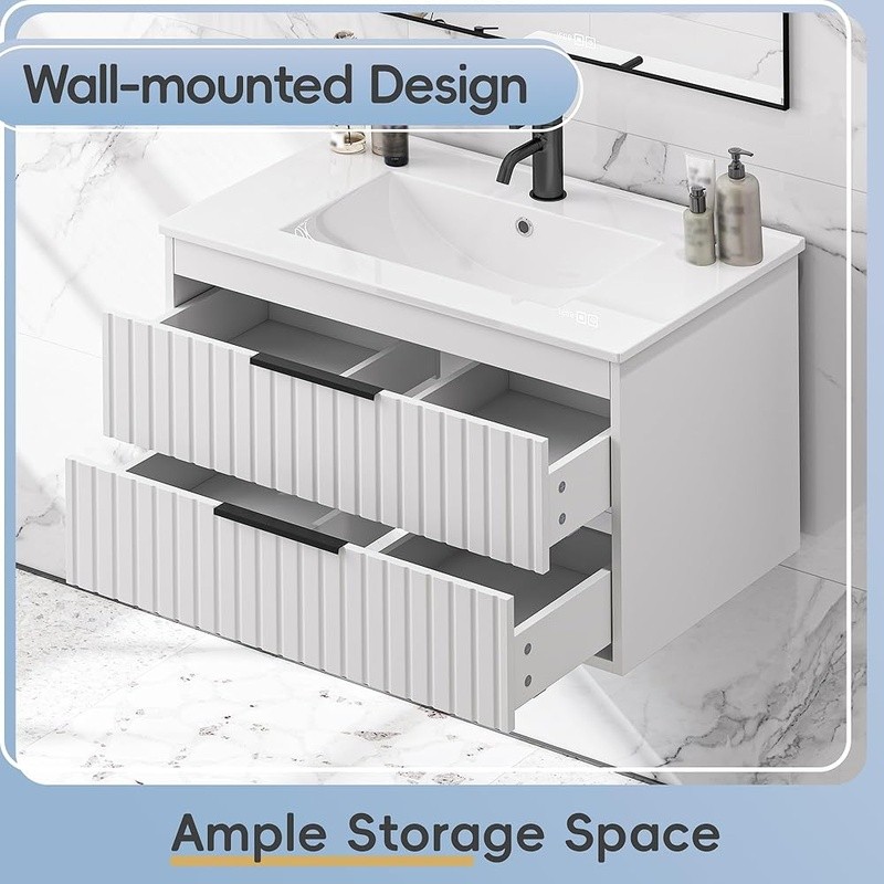 Wall-Mounted Bathroom Vanity Cabinet W/ Quiet Drawer System & Ample Storage New