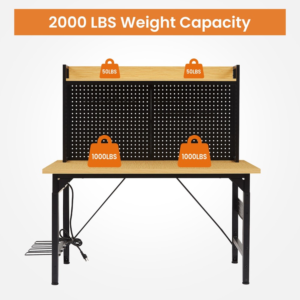 48''Adjustable Workbench w/pegboard,Heavy Duty Wooden Desktop Workbench w/Wheels
