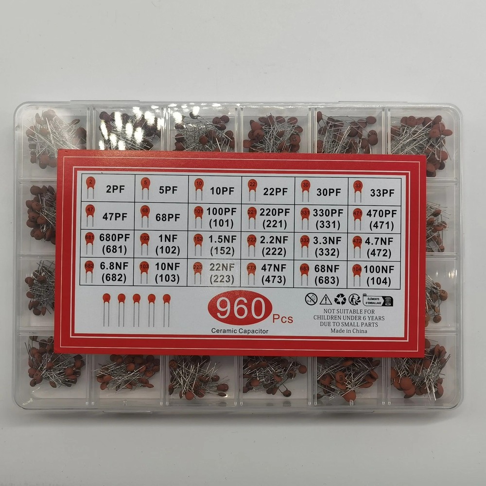 960 PCS 24 Value Ceramic Capacitor 2PF-100NF Assortment Kit for Electronics