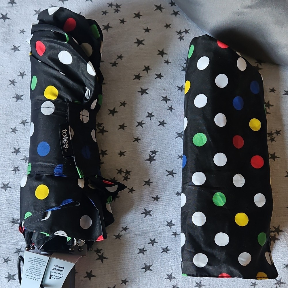 totes Compact Polka Dot Umbrella Black Multicolor Windproof Eco-Friendly