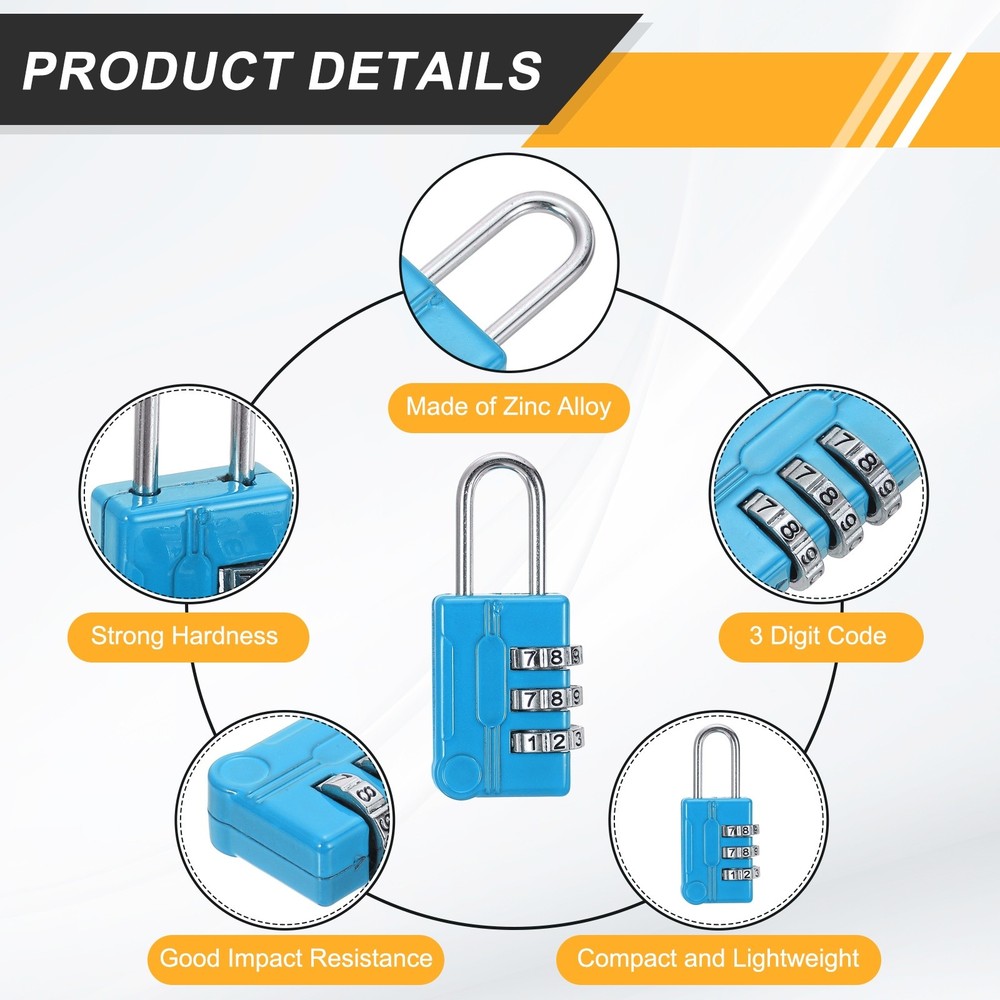 2Pcs Resettable 3 Digit Combination Lock Code Padlock, Blue (56 x 24mm)