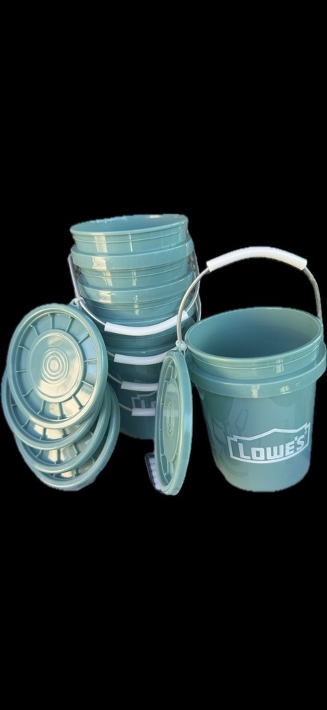 5 Lowes teal Plastic Buckets with Lids and Handles,