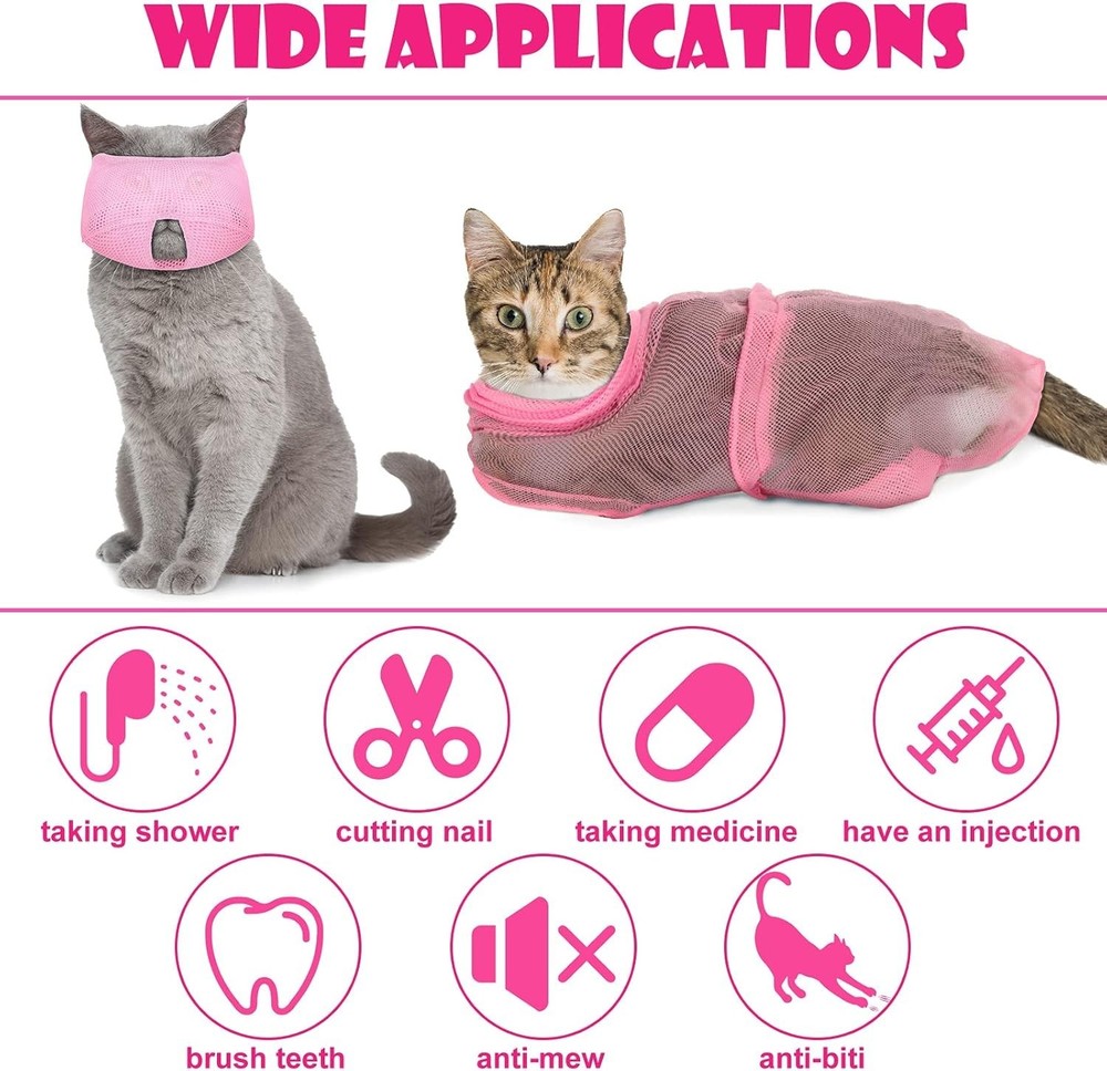 Pink Cat Bathing Set: 5 Essential Tools including Muzzle & Grooming Bag - Large
