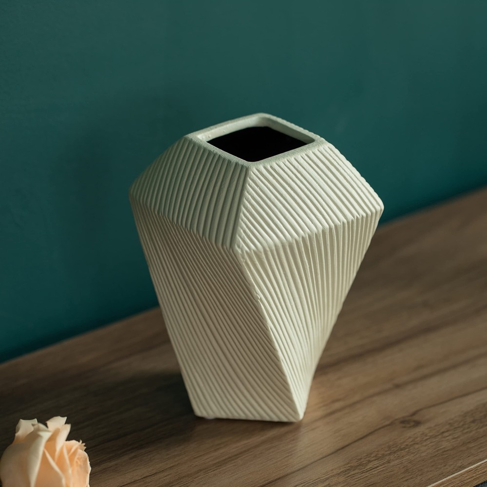 7" H Decorative Ceramic Square Twisted Centerpiece Table Vase Beige Small