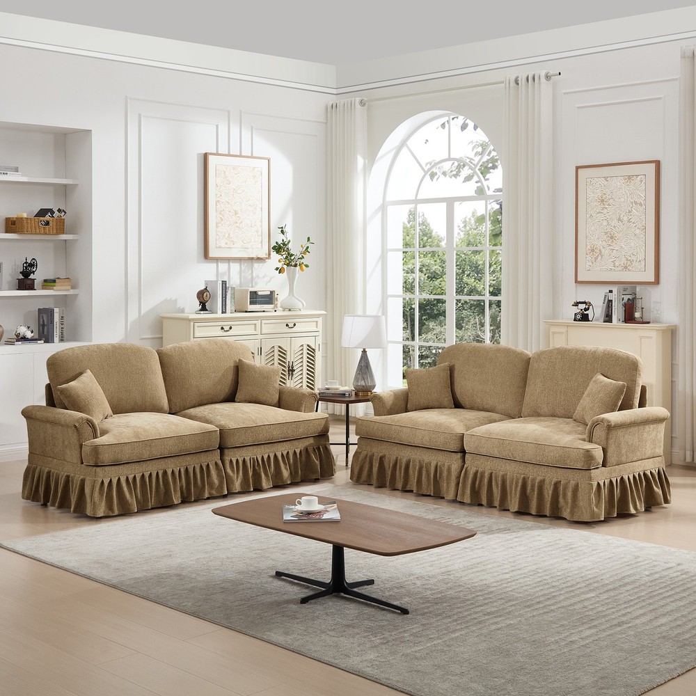 Modular 2-Piece Light Coffee Chenille Sofa Set w Flared Arms