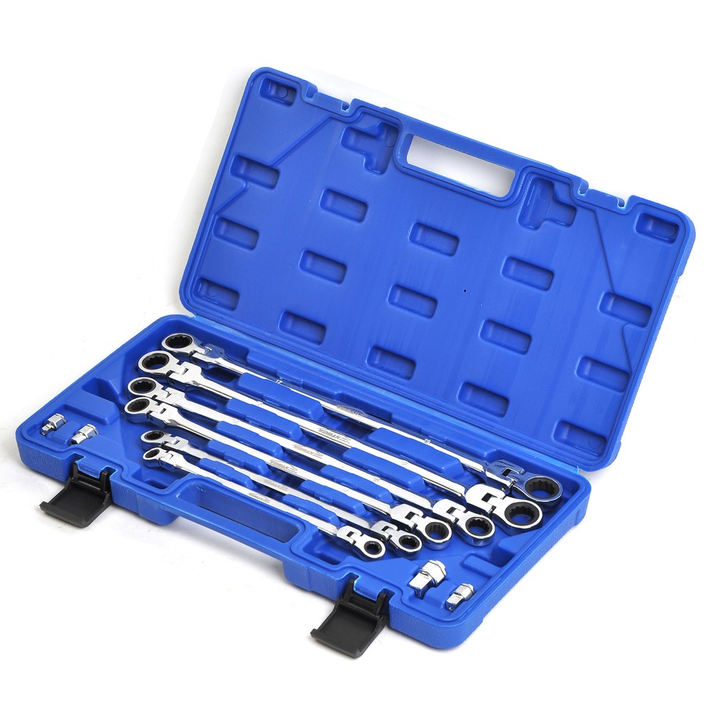 Flex-Head Extra Long Ratcheting Wrenches Double Box End Wrench Set, 4 Adapters