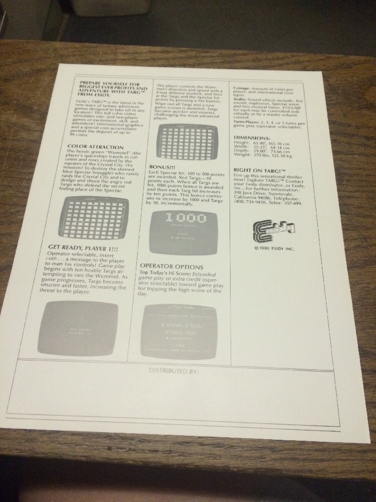 Exidy TARG Arcade Video Game flyer- original