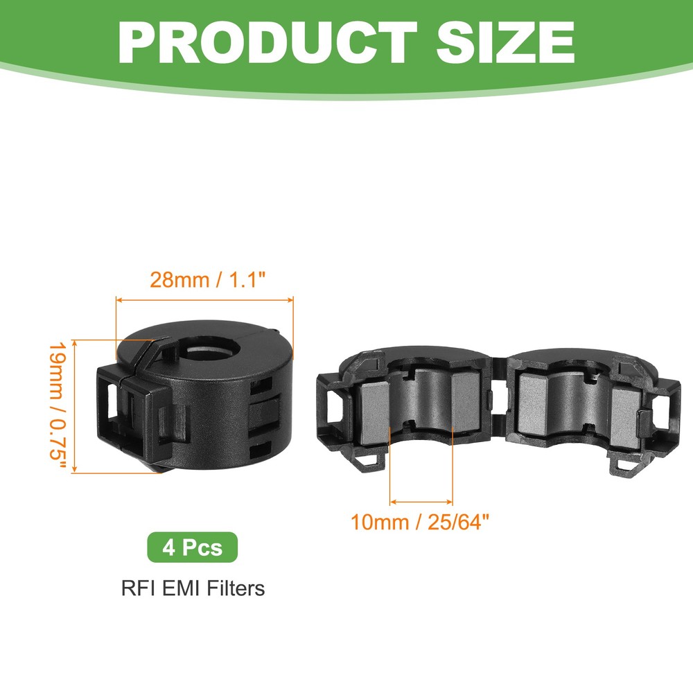 10mm Clip-on Ferrite Ring Core for Cable, Black 4pcs