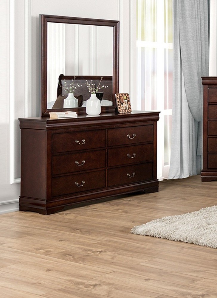 Full Size 3pc Bed Dresser Mirror Set Transitional Style Cherry Finish