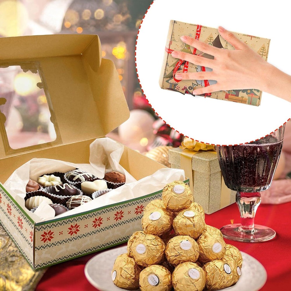 12 Packs Christmas Cookie Boxes with Window,Bakery Treat Small, Brown