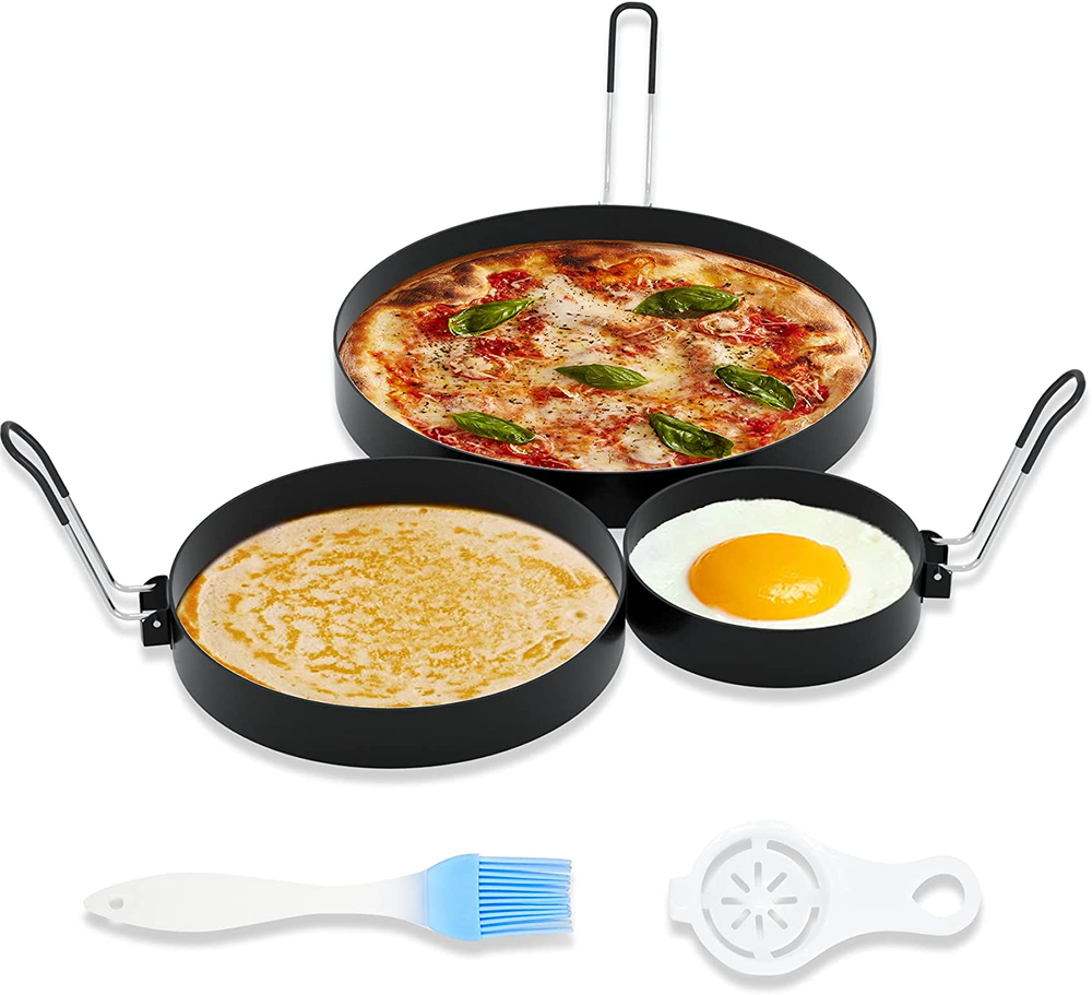 8" Omelet Ring, 6" Pancake Ring, 3.5" Egg Ring for Griddle Frying Eggs-Oil Brush