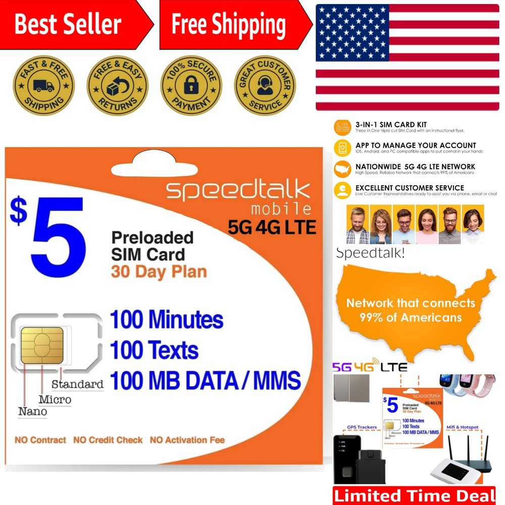 No Contract 5G SIM - 100 Talk Minutes, 100 Texts, 100 MB Data - $5 a