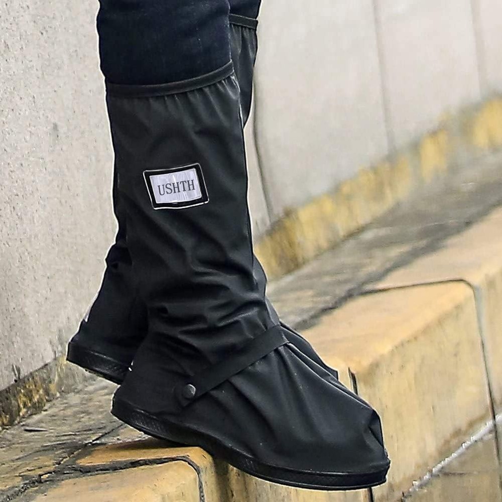 High-Elastic Black Rain Boot Shoe Covers - Foldable & Portable with Reflector