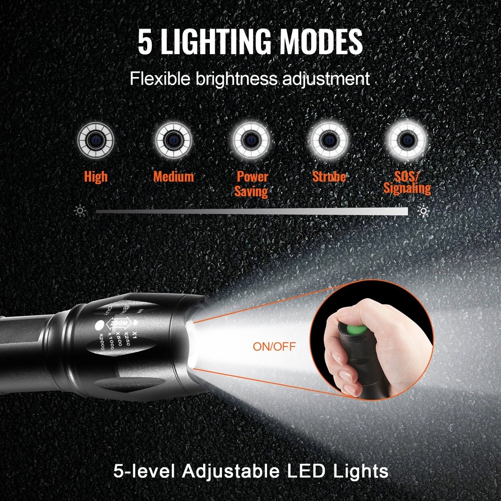 2 Pack Flashlights Torch 2000 High Lumens 5 Modes Adjustable Focus Flashli