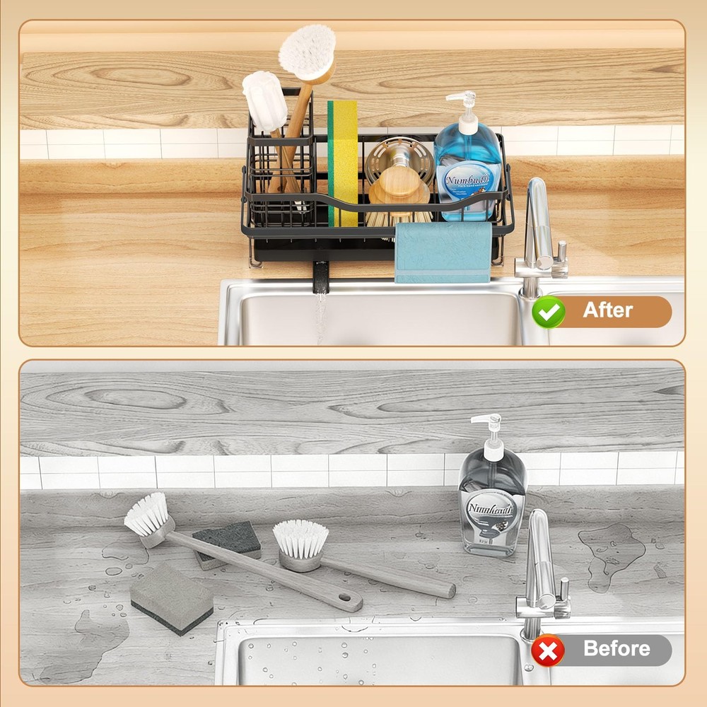 Sponge Holder for Kitchen Sink, Self-draining Sink Organizer with Towel Rack ...