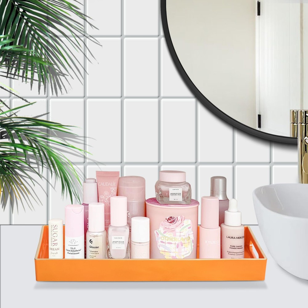 Orange Vanity Tray Plastic Decorative Tray Rectangular Tray with Handles Bath...