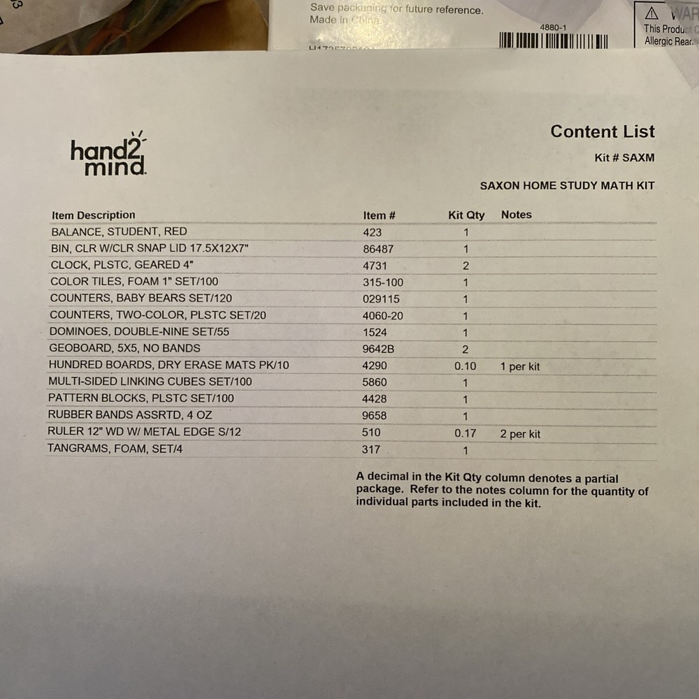 Saxon Home Study Math Kit Hand2mind Manipulatives Like New