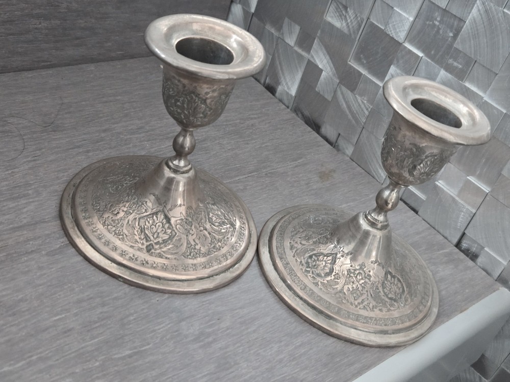 exceptional Antique Pair Of Middle Eastern Solid Silver Candle Holders