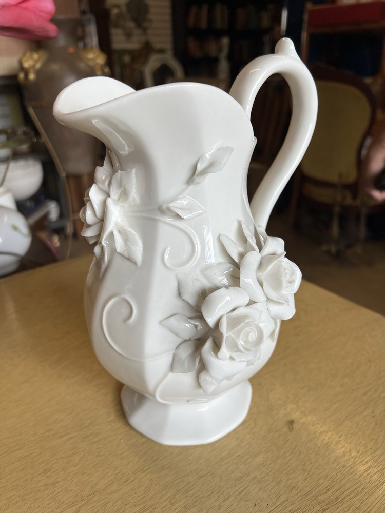Pitcher  Porcelain  White W/ Rose Artwork