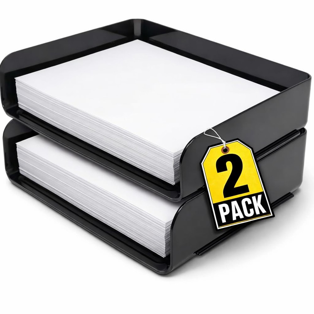 2-Tier Letter Tray Desk Organizer, Stackable, Side Load, Black, 2 Pack