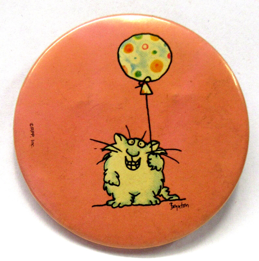 CAT HOLDING A SINGLE BALLOON 2.25" Sandra Boynton pinback button fb