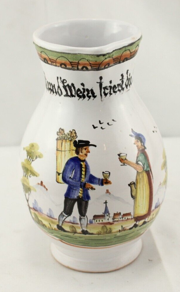 Faience Handled Pitcher German Writing Peasant Hand Painted
