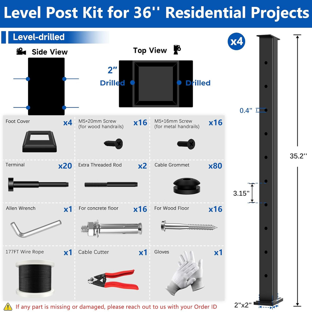 36" Modular Cable Railing Post Kit - 12-16FT Adjustable DIY Deck System