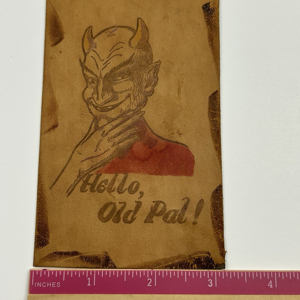 Rare Antique 1900s Leather Postcard - "Hello, Old Pal!" Devil Graphic