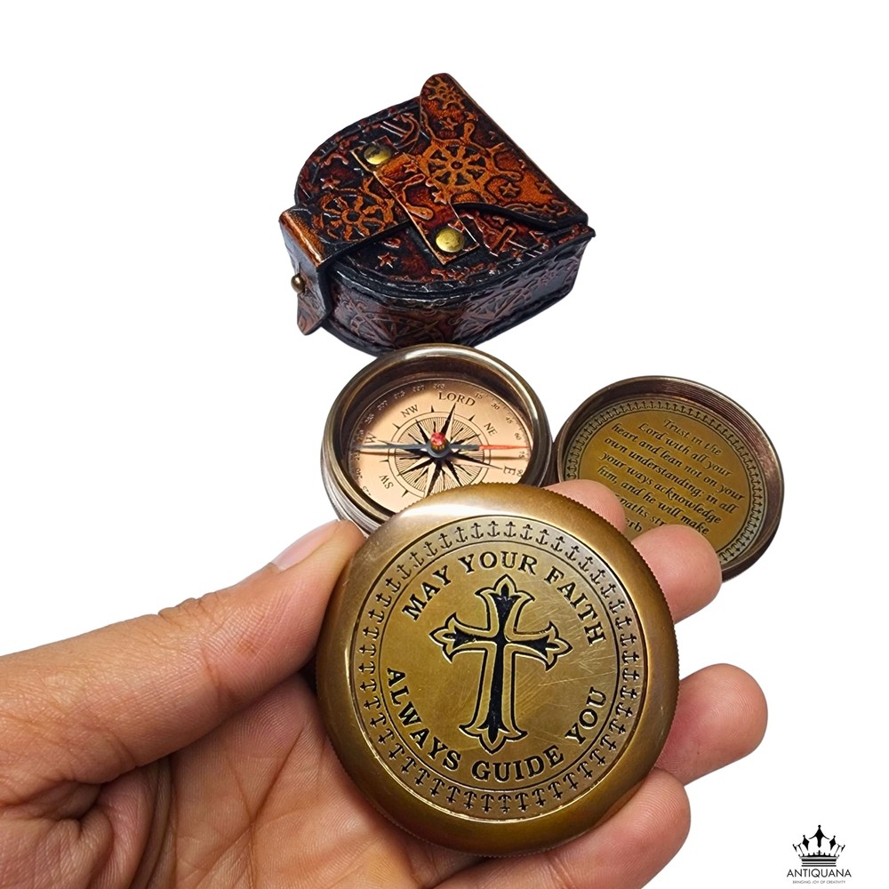 Trust in The Lord Engraved Compass with Authentic Leather Case Brass Compass ...