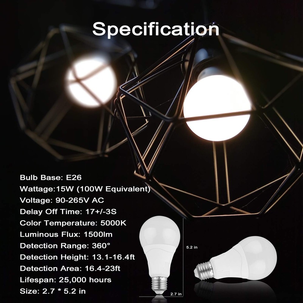 Radar Motion Sensor Light Bulb, 2 Pack A21 15W (100W Equivalent) 1500LM E26 D...