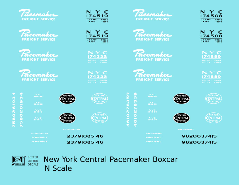 K4 N Scale Decals New York Central Pacemaker Boxcar