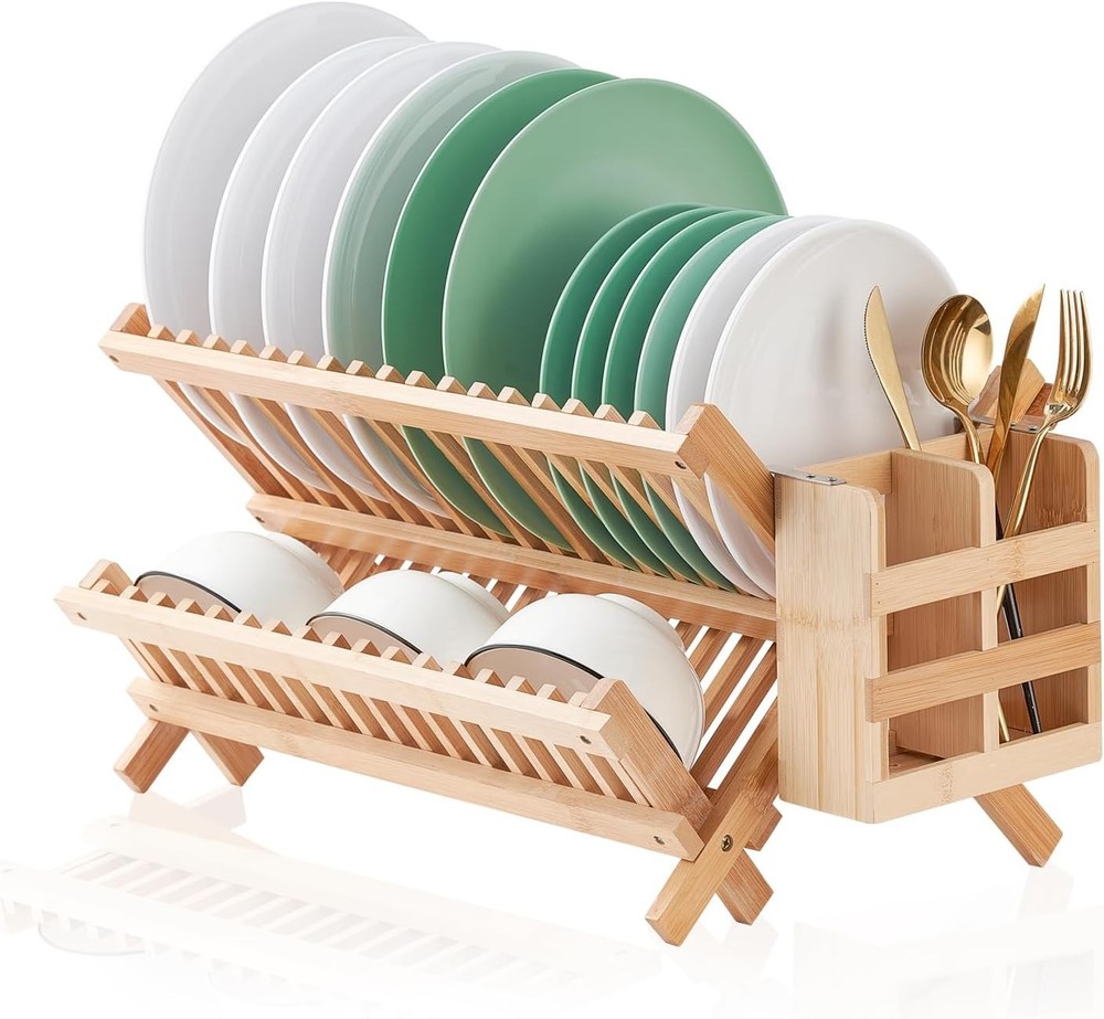 Bamboo Dish Drying Rack 2 Tier Collapsible Dish Rack W/ Utensil Holder Wooden