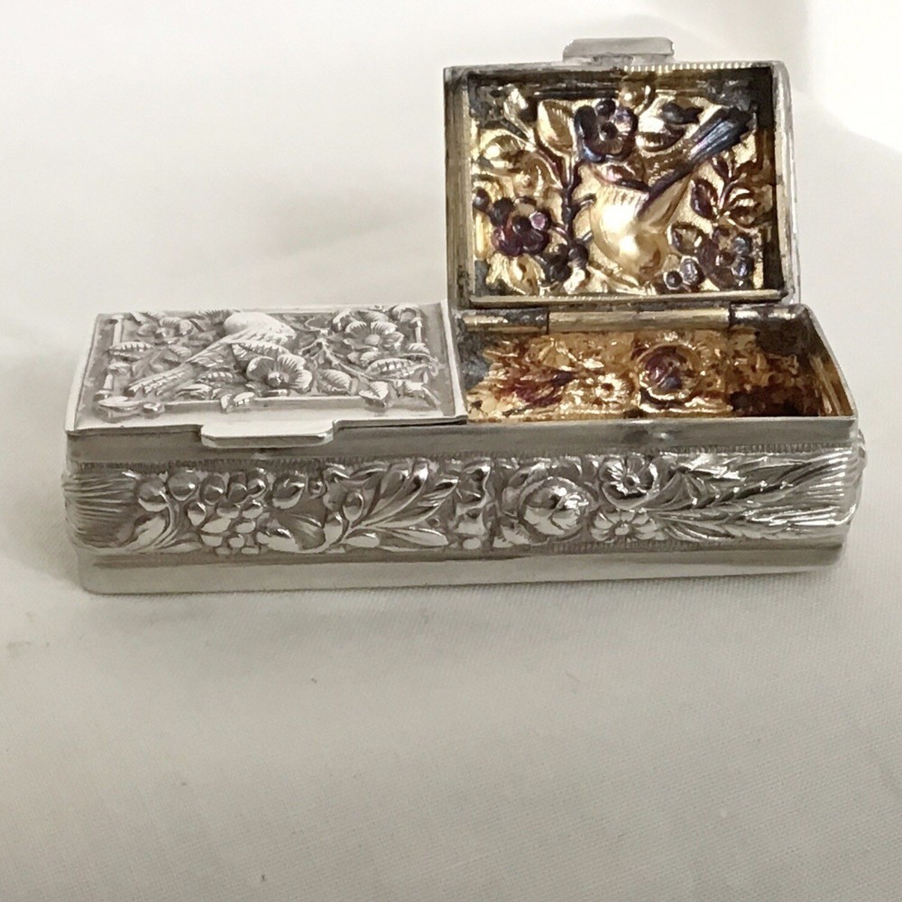 Solid Silver 925 Antique Little Blush Box, Hinged Lid & Two Compartments