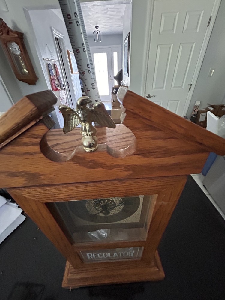 Vintage Oak Regulator Wall Clock Brass Eagle Finial Key Wind