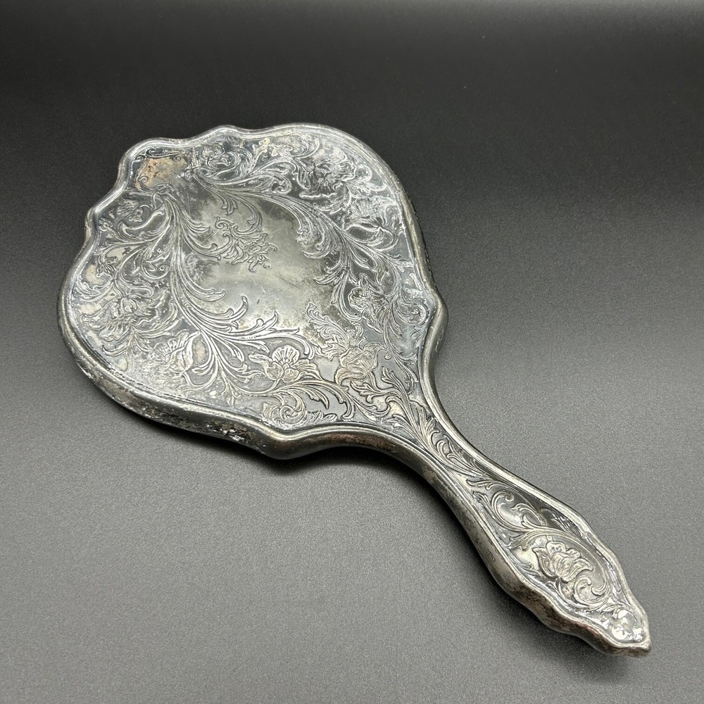 Vintage Silverplated Hand Mirror Intricate Flowered Vine Pattern