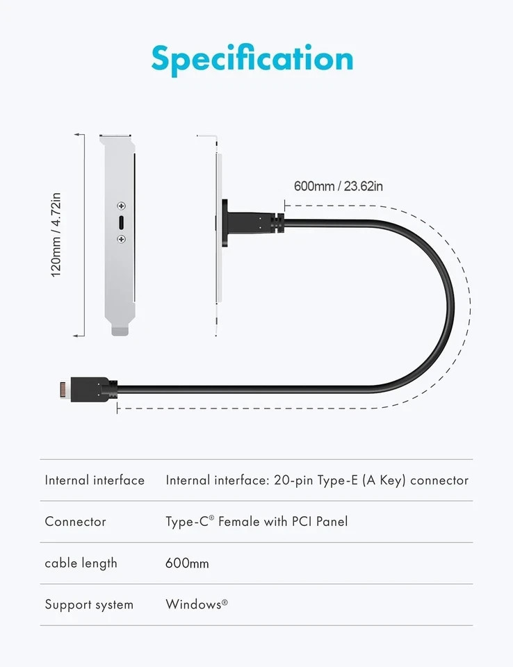 GRAUGEAR 20Gbps USB 3.2 Gen 2x2 USB-C Front Panel Type-C Adapter, Silver