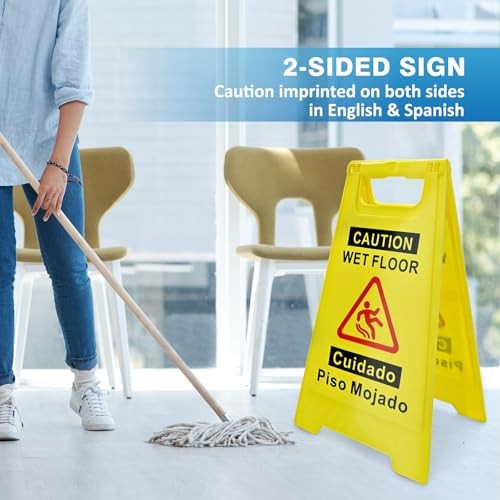 2 Pack Caution Wet Floor Sign, 17.5" Height, Bright Yellow, Double-Sided A