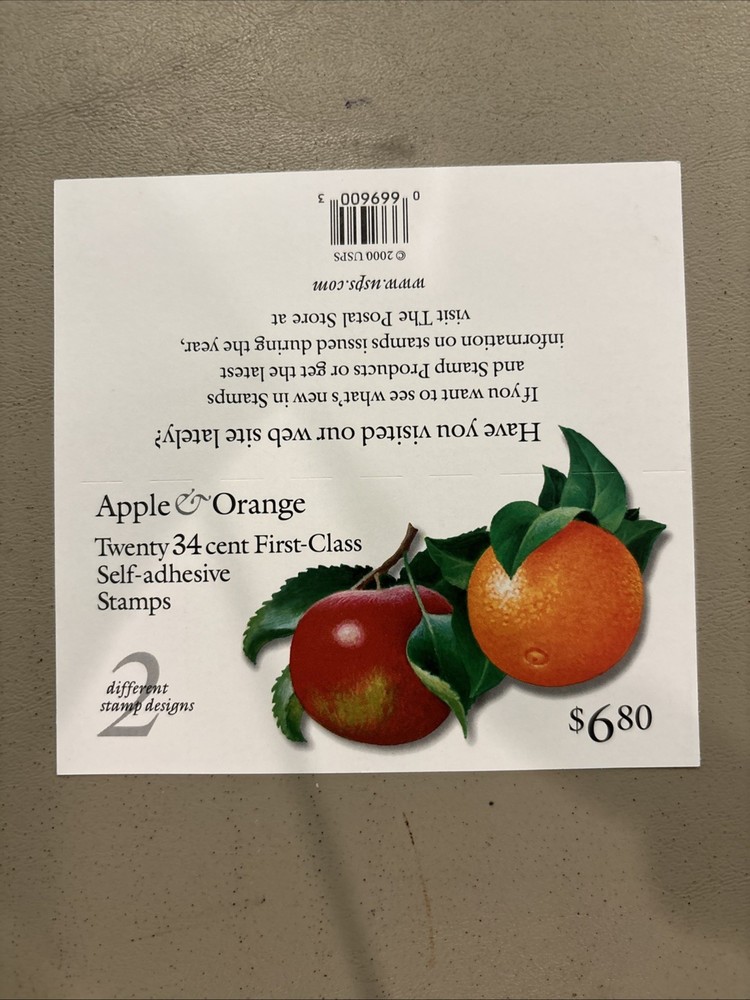 2001 34c Apple & Orange Complete Mint Stamp Booklet #3492b