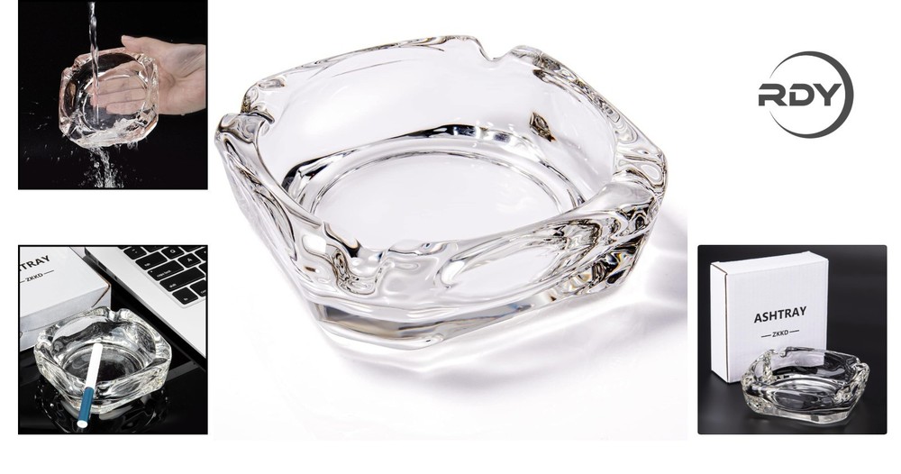 Luxury Clear Glass Ashtray - Smooth Surface, Perfect 3.66" Square Shape