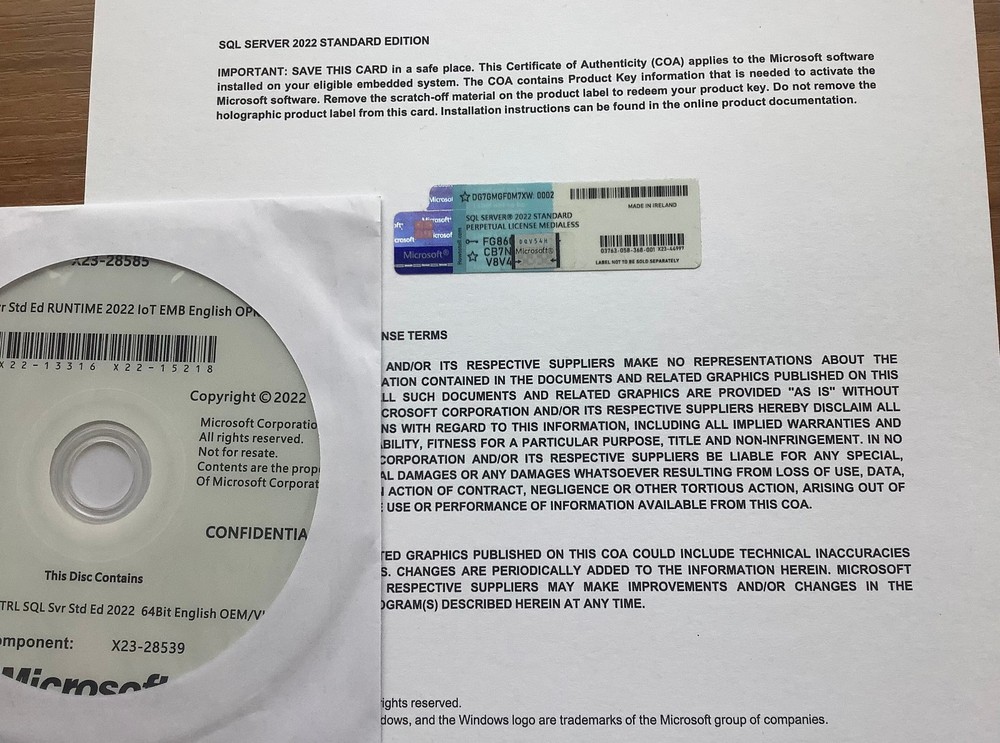 SQL Server 2022 Standard 24 Core DVD COA Unlimited User CALs License RETAIL