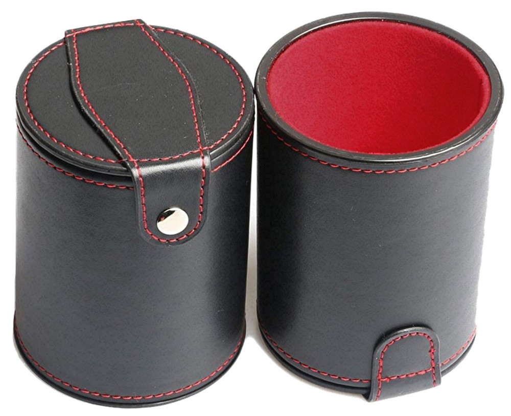 (6) 16mm White Pip Dice + PU Leather Red Felt Lined Dice Cup Compartment