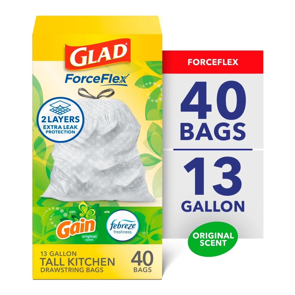 Glad ForceFlex Tall Kitchen Drawstring Trash Bags, 13 Gallon, Gain Original with