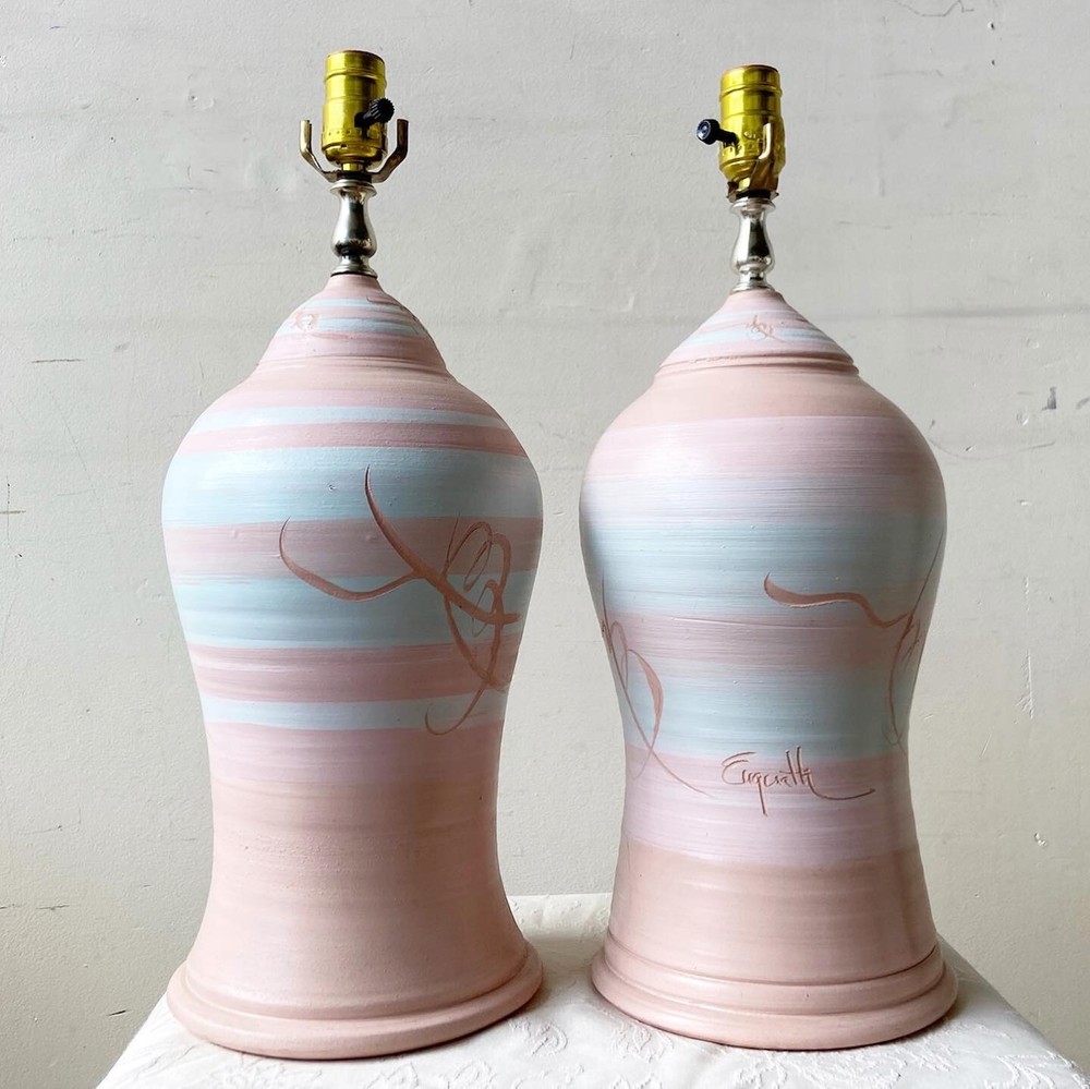 Postmodern Pink & Blue Pottery Table Lamps - a Pair