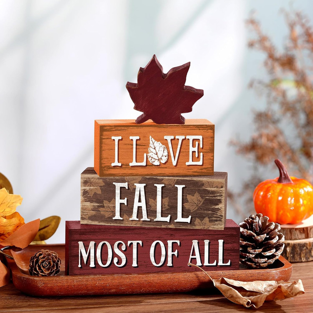 4 Pcs Fall Maple Leaf Wooden Table Decorations Autumn Rustic Block Signs Centerp