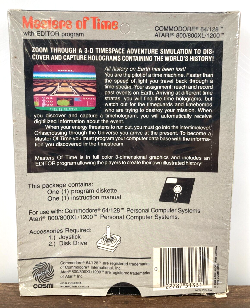 MASTERS OF TIME By Cosmi BOX & MANUAL ONLY Atari Commodore 64/128 Computer Game