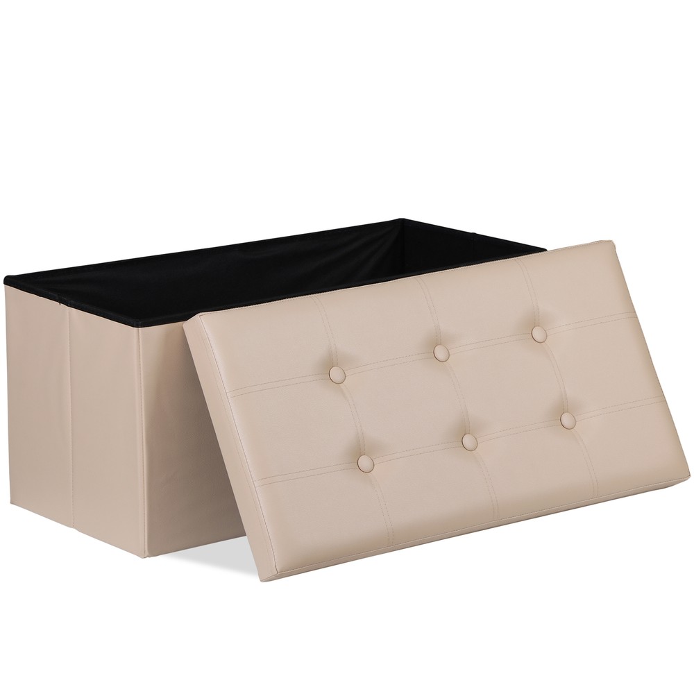 Folding Storage Ottoman 350 lb Load Capacity Storage Bench Footrest Beige