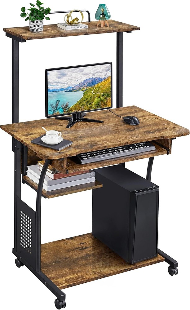 YaheetechMobileComputer Desk,3 TierswithKeyboardTray & Printer Shelf,RusticBrown