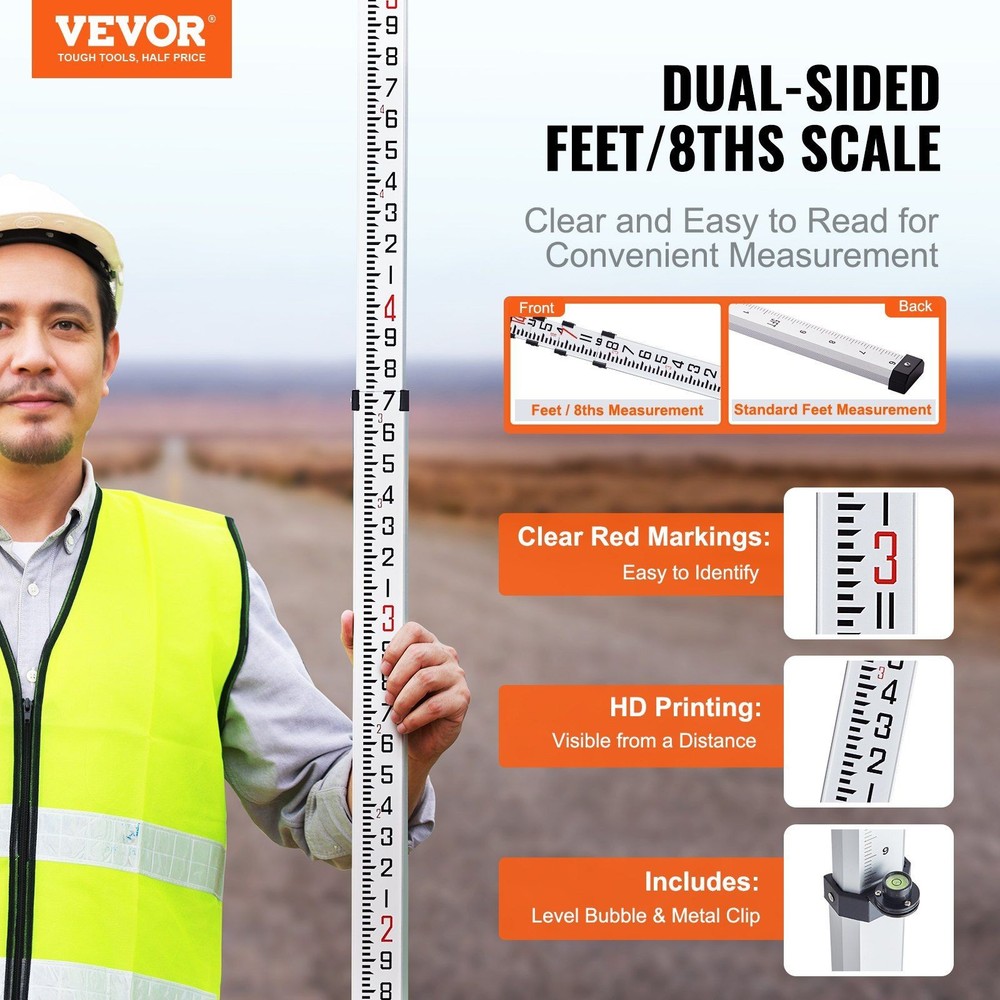 14ft Aluminum Measuring Rod: 4-Section, Rectangular, Dual Markings, Level